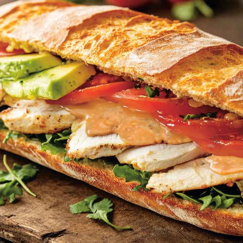 Sandwich au poulet mariné, Squeez sauce Italienne